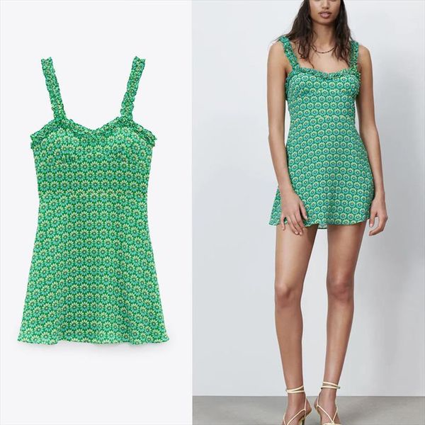 

za green floral print mini womens dresses summer sleeveless straps ruffle party woman chic lining vintage, Black;gray