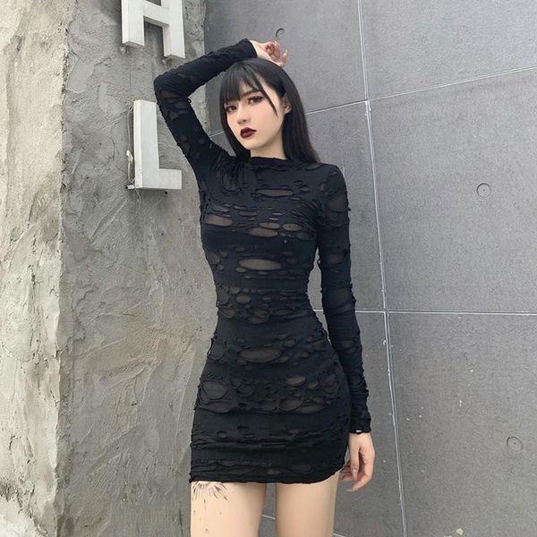 

casual dresses 2021 gothic black mini dress streetwear rock punk hollow retro high waist long sleeve bodycon party, Black;gray
