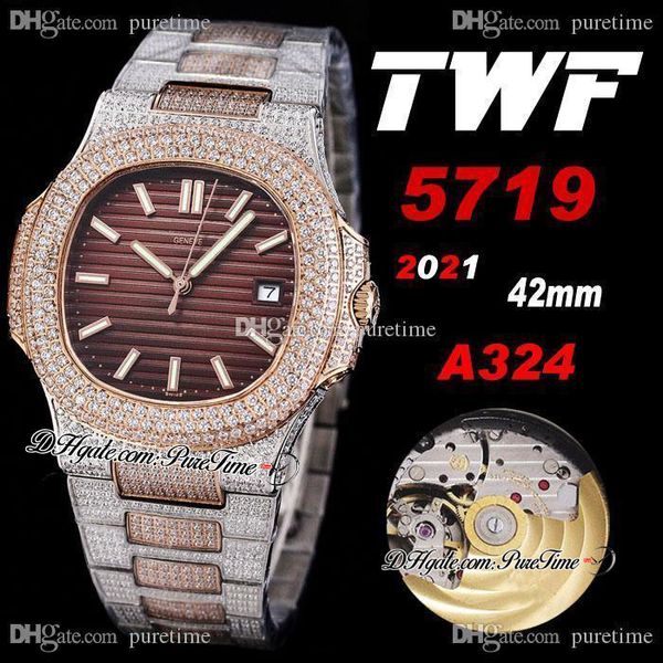 

2021 twf 5719 cal a324 automatic mens watch two tone rose gold paved diamonds case brown dial iced out diamond bracelet super edition jewelr, Slivery;brown