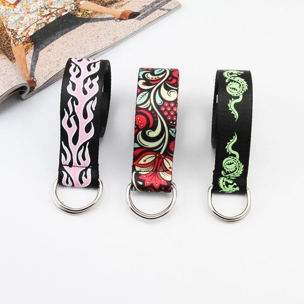 

belts canvas flame printed d ring double buckle jeans decorative belt street casual wild long student waistband, Black;brown
