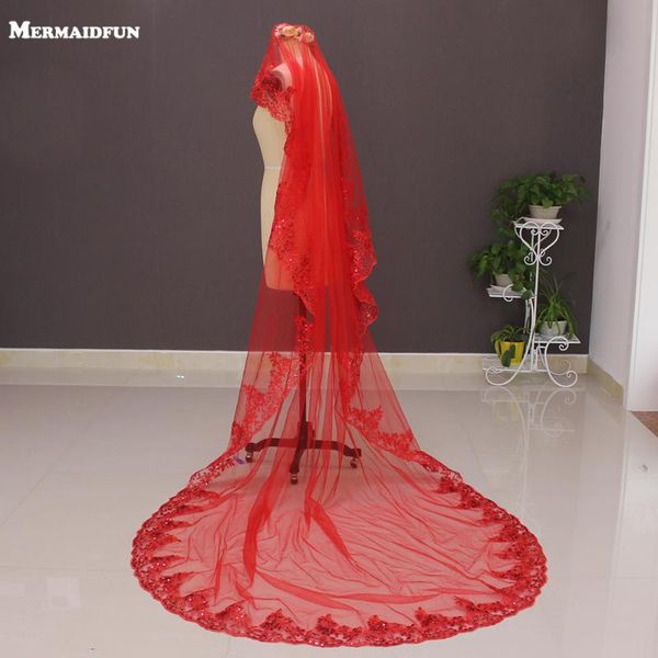 

bridal veils 2021 one layer lace appliques red long wedding veil without comb 3 meters voile mariage, Black