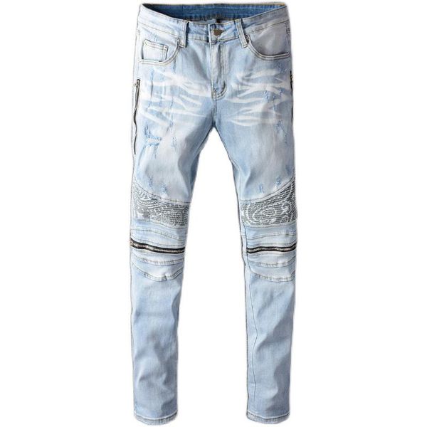 

men's jeans male trousers street fashion brand autumn light-colored punk chain youth trend self-cultivation denim pants 641, Blue