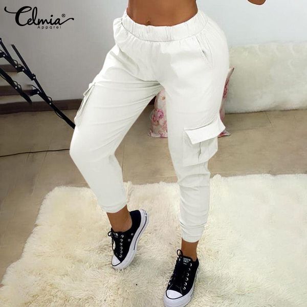 

women's pants & capris celmia cargo women 2021 autumn fashion pockets long trousers casual streetwear jogger pant elastic waist solid p, Black;white