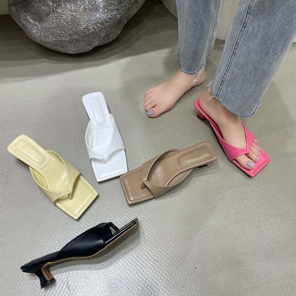 

slippers summer square head design sense, close the feet and cover flesh, pure color high-heeled flip flops sandals, Black