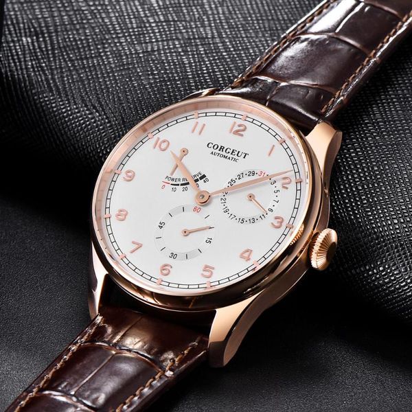 

wristwatches corgeut 42mm automatic mechanical men watch fashtion seagull power reserve date business waterproof leather strap wristwatch, Slivery;brown