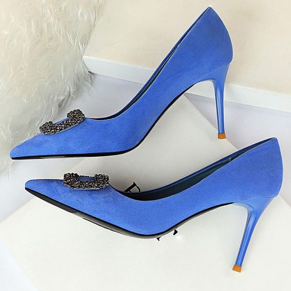 

dress shoes 2021 women 8.5cm high heels blue pumps pointed toe elegant lady crystal scarpins yellow prom jeans wedding bridal, Black