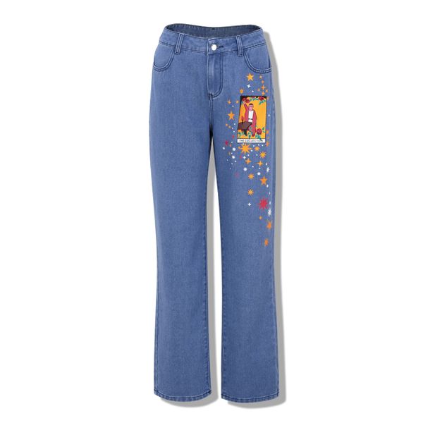 

womens star cartoons pattern printed 2021 autumn winter denim trousers fit young girl vintage cute female jeans pant blue