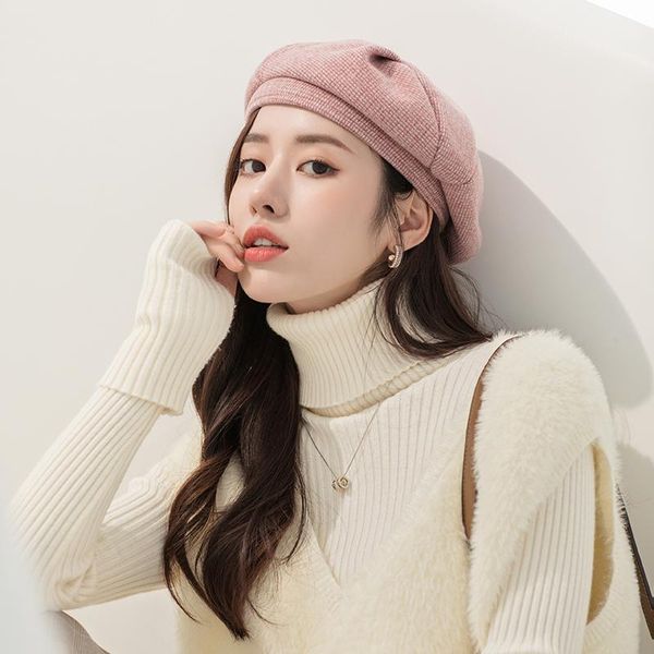 

berets plaid vintage octagonal casual autumn girl cap panama women wool beret for elegant lady winter female cotton hats, Blue;gray