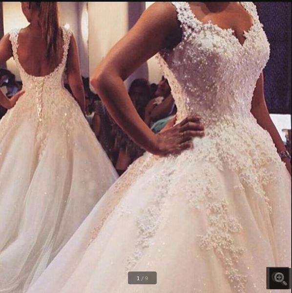 

2021 robe de mariage ball gown sweetheart with straps wedding dress lace appliques open back pearls princess bride dresses floor length cors, White