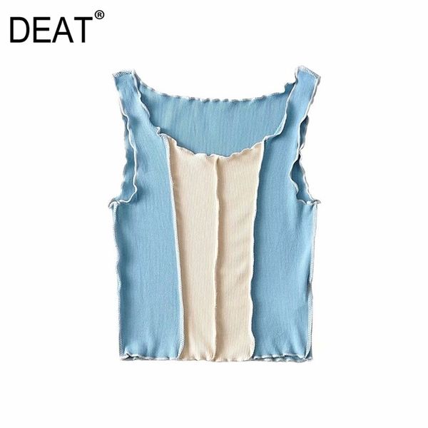 

[deat] summer fashion color contrast patchwork knitting ruffles sleeveless personality women t-shirt 13c732 210527, White