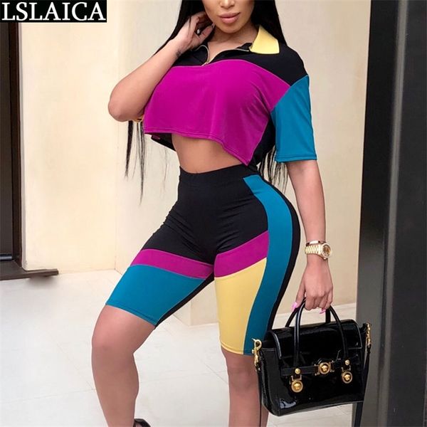 

colorful patchwork 2 piece outfits for women short sleeve &half pants causal elegant 2 set party club sets 210515, White