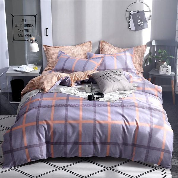 

bedding sets purple ground grid set duvet cover pillowcase home textiles 2/3pcs bed linen king  size dropship