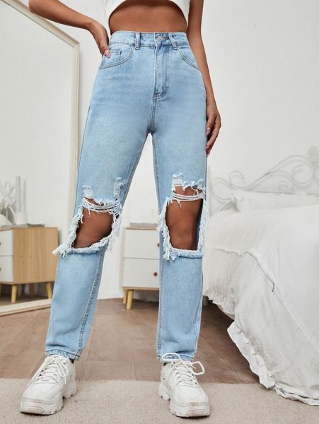 

high waist ripped straight leg jeans k1yt#, Blue