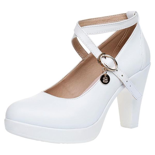 

dress shoes spring and autumn single women's high heels rough waterproof round head white catwalk show, Black