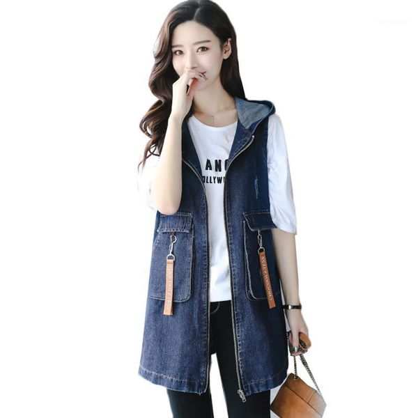 

women's vests women denim vest spring autumn clothes embroidery hooded sleeveless long waistcoat plus size loose jeans jacket clothing, Black;white