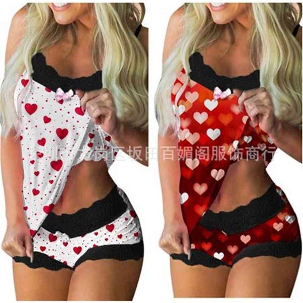 

lace lingerie sweet 2021 print suspender two piece pajamas, Red;black