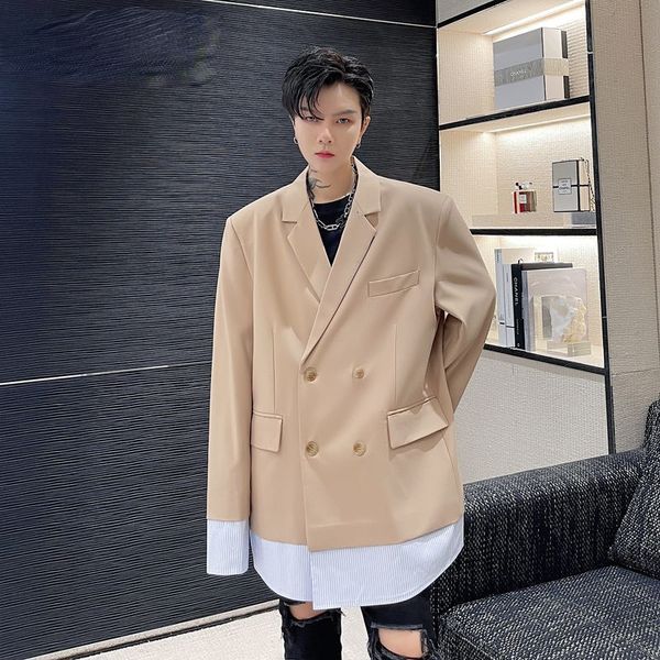

niche desin double breasted hem patchwork men's suit coat 2021 autumn new loose big size casual mid length blazer, White;black
