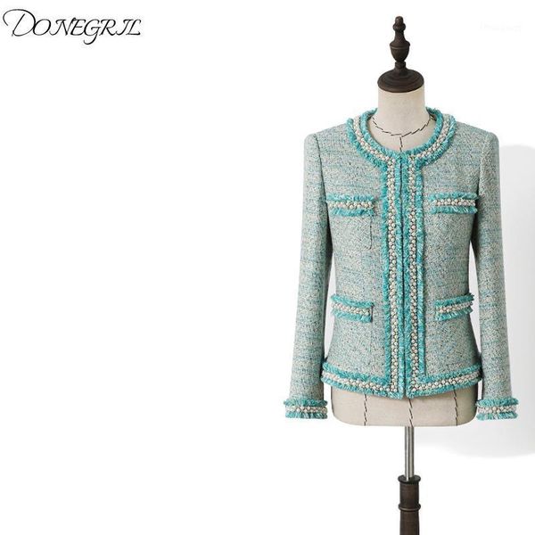 

women's jackets 2021 round neck long sleeved casual ladies pink tweed jacket with pearls beaded trim & multipockets outerwear, Black;brown