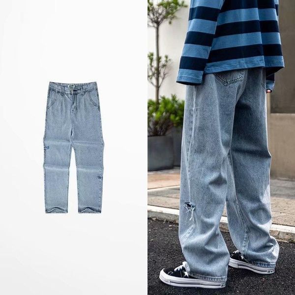 

men's jeans summer drop feeling wide leg loose straight tube large size tooling thin nine point fashion brand, Blue