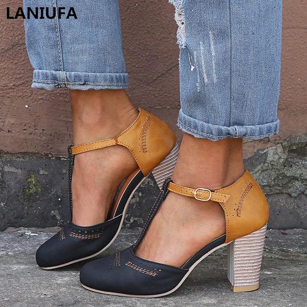 

dress shoes women high heels pumps square heel ladies platform round toe t-tied wedding sandals zapatos de mujer, Black