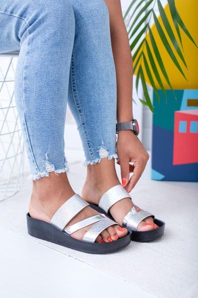 

slippers women's silver piping double strappy, Black