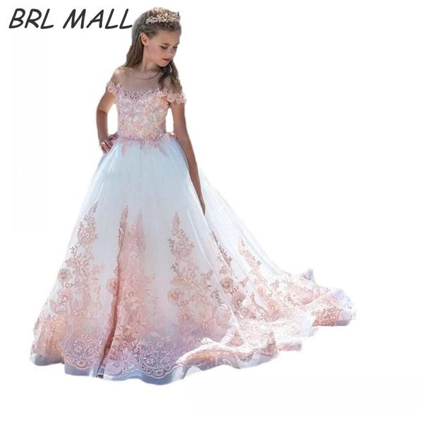 

girl's dresses 2021 pink lace appliques flower girl court train short sleeves first communion for girls kids ball gown, Red;yellow