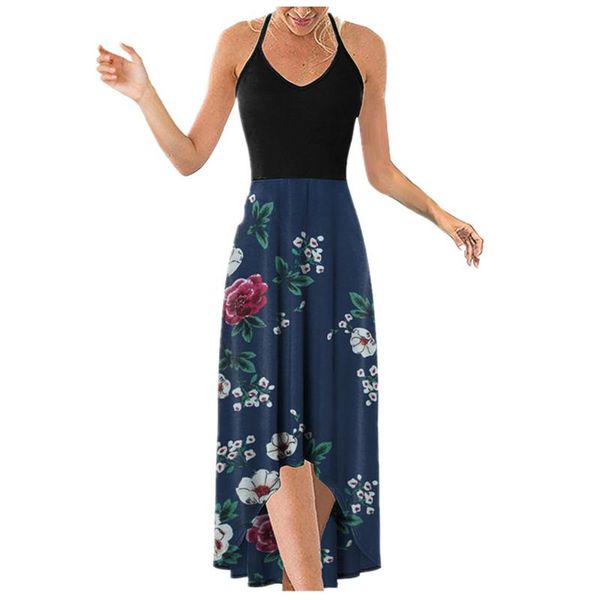 

casual dresses for women elegant women's sleeveless floral printing beach long maxi loose dress vestido blusa bloemenjurk, Black;gray