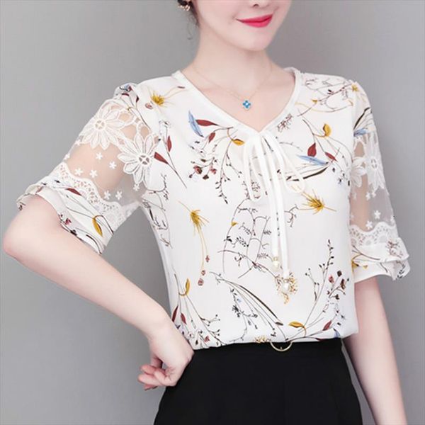 

arrive summer elegant fashion mesh womens shirts chiffon retro floral prin short sleeve bottoming blusas mujer, White