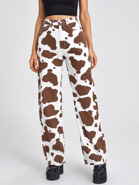 

high waist cow print straight leg jeans i7ft#, Blue