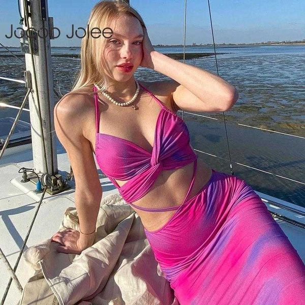 

jocoo jolee women summer pleated backless hollow bandage tank and skinny elegant party long dress two pieces sets 210619, White