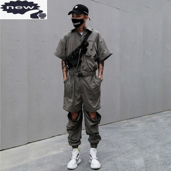 

hip hop japanese cargo overalls casual loose fit short sleeve design patchwork vintage rompers summer street mens jumpsuits men's pants, Black