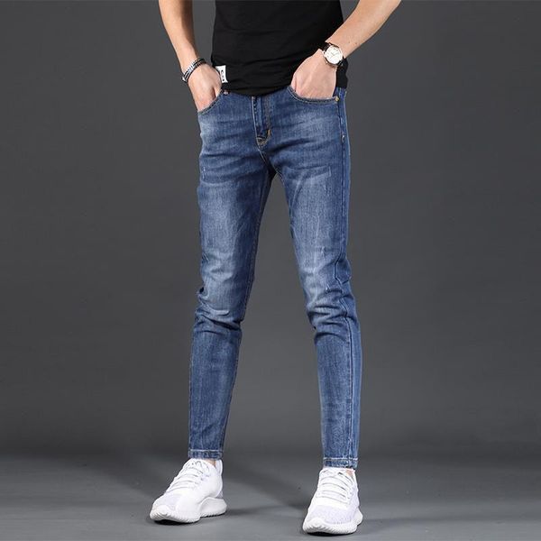 

men's jeans ankle length skinny denim trendy brand slim pants korean blue summer casual street teenagers pencil