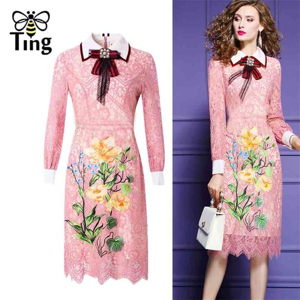 

vintage elegant flower embroidery pink lace dress office lady work midi long with bow tie plus size vestidos 210513, Black;gray