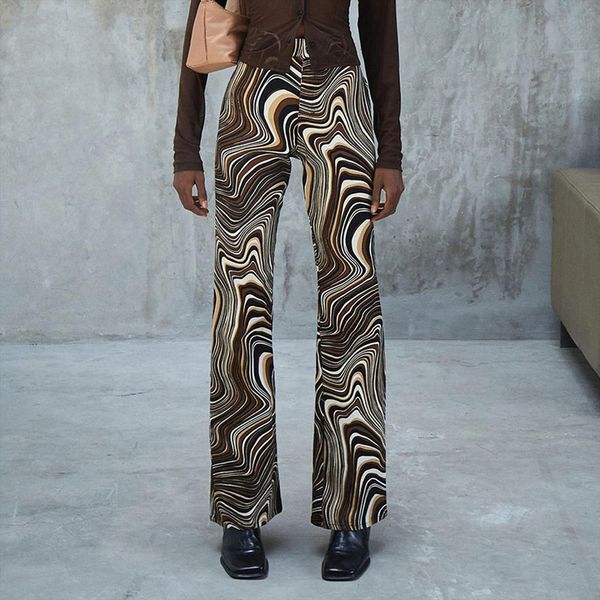 

water ripple flared pants casual women jeans summer and autumn print high waist brown green, Blue