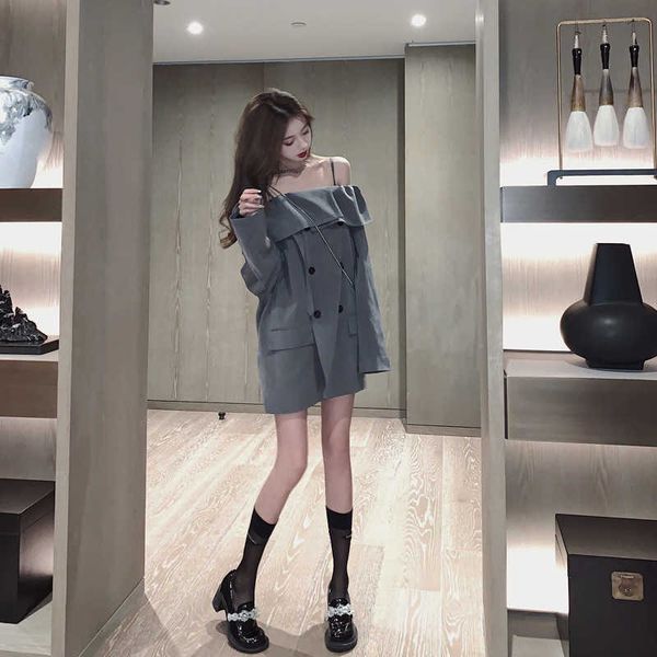 

spring 2021 women's style one line suspender skirt temperament suit drs fashion, Black;gray