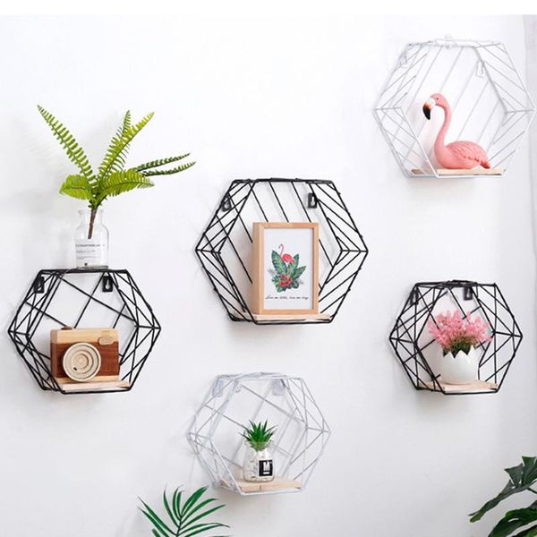 

hooks & rails iron hexagonal mesh wall storage rack metal hanging display shelf holder home bedroom decoration - size (black)