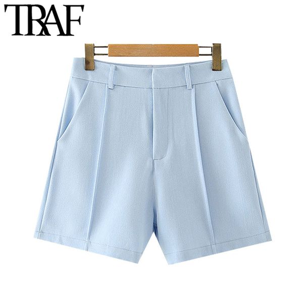 

traf women chic fashion office wear side pockets straight shorts vintage high waist zipper fly female short pants mujer, White;black