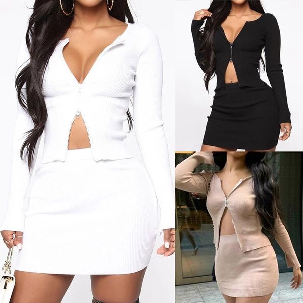 

women's tracksuits 2 pieces sets outfits women party casual double zipper skirt long sleeve crop and mini clothes, Gray