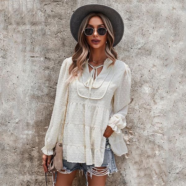 

women's blouses & shirts loose lace up long sleeve ladies casual solid spring autumn v neck for female 2021 fashion, White