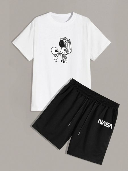 

men cartoon graphic tee & drawstring waist shorts 10le#, Gray