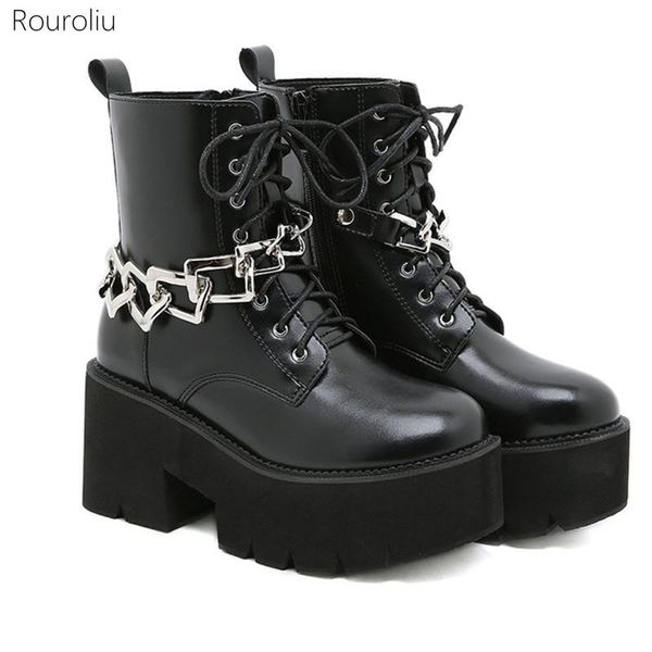 

boots metal chain decoration round toe side zipper ankle women autumn thick platform chunky heel motorcycle, Black