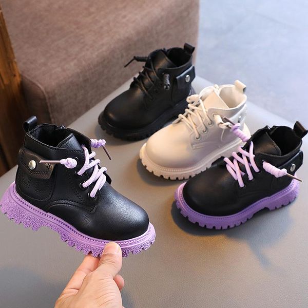 

boots children' leather 2021 autumn and winter fashion soft bottom purple matching single kids shoes for girl, Black;grey