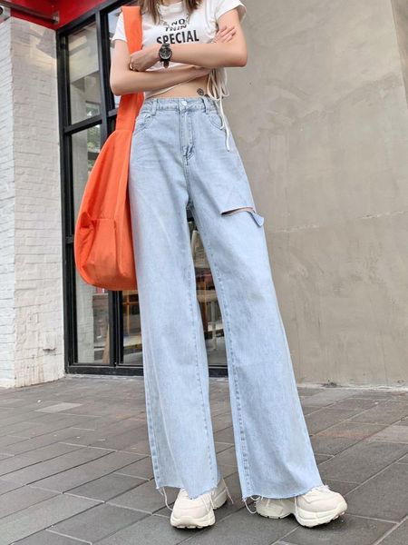 

thin legs wide leg ripped jeans women woman high lumbar sag directly canister flavor chic holes flash trousers fz0121 women's, Blue