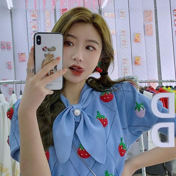 

women's t-shirt y2k retro cute pullover female short-sleeved kawaii strawberry women bow elegant lady hollow out knit 2021, White