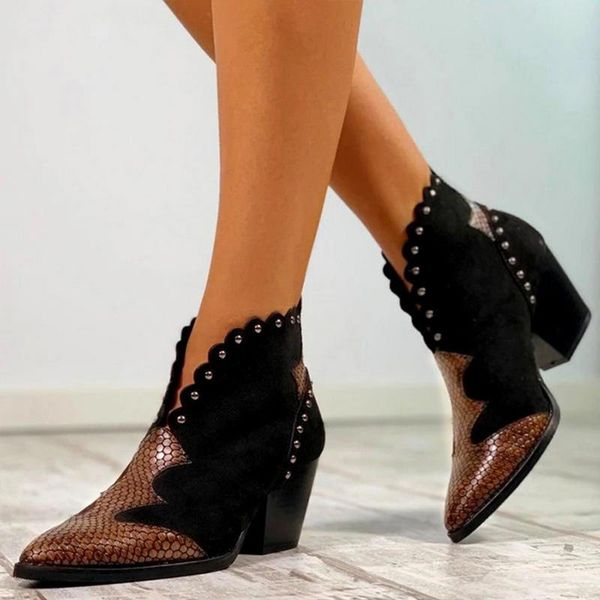 

boots lyxlyh woman rivet female autumn winter pu leather cowboy ankle pointed toe women wedge heel booties snake shoes, Black