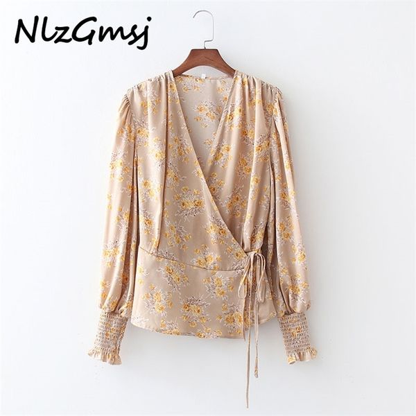 

blouse spring summer fashion v-neck printing laceing long sleeve loose fit temperament women's shirt 210628, White