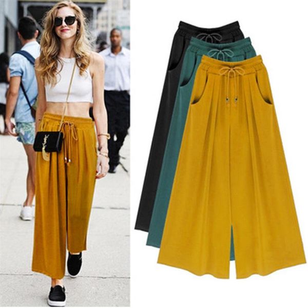 

women's pants & capris 2021 fashion wide-legged long casual summer mid-waist elastic waist solid color loose culottes cropped trousers, Black;white