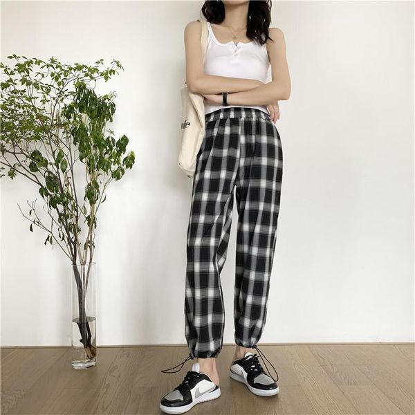 

women's pants & capris superaen black plaid summer thin loose straight high waist 2021 wide leg casual harajuku, Black;white