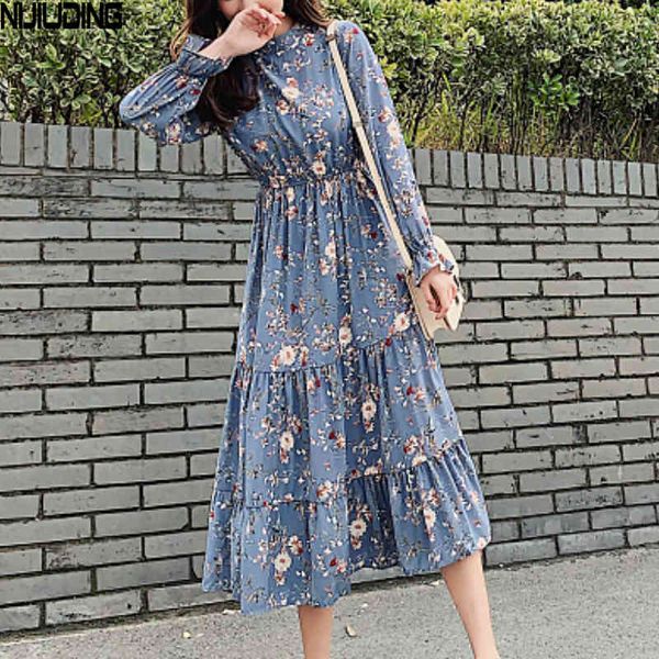 

spring summer autumn women floral print dresses female long flare sleeve elastic waist o-neck dress mujer vestidos 210514, Black;gray