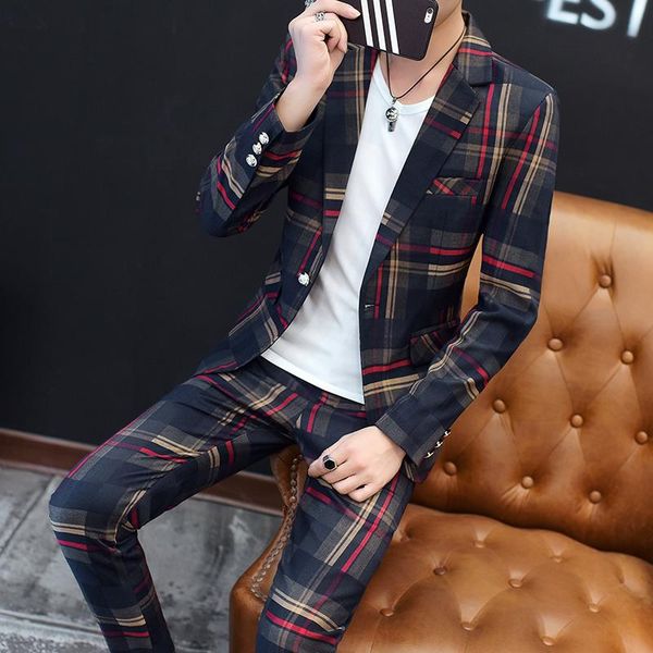 

men's suits & blazers youth korean slim trend plaid suit two-piece, White;black